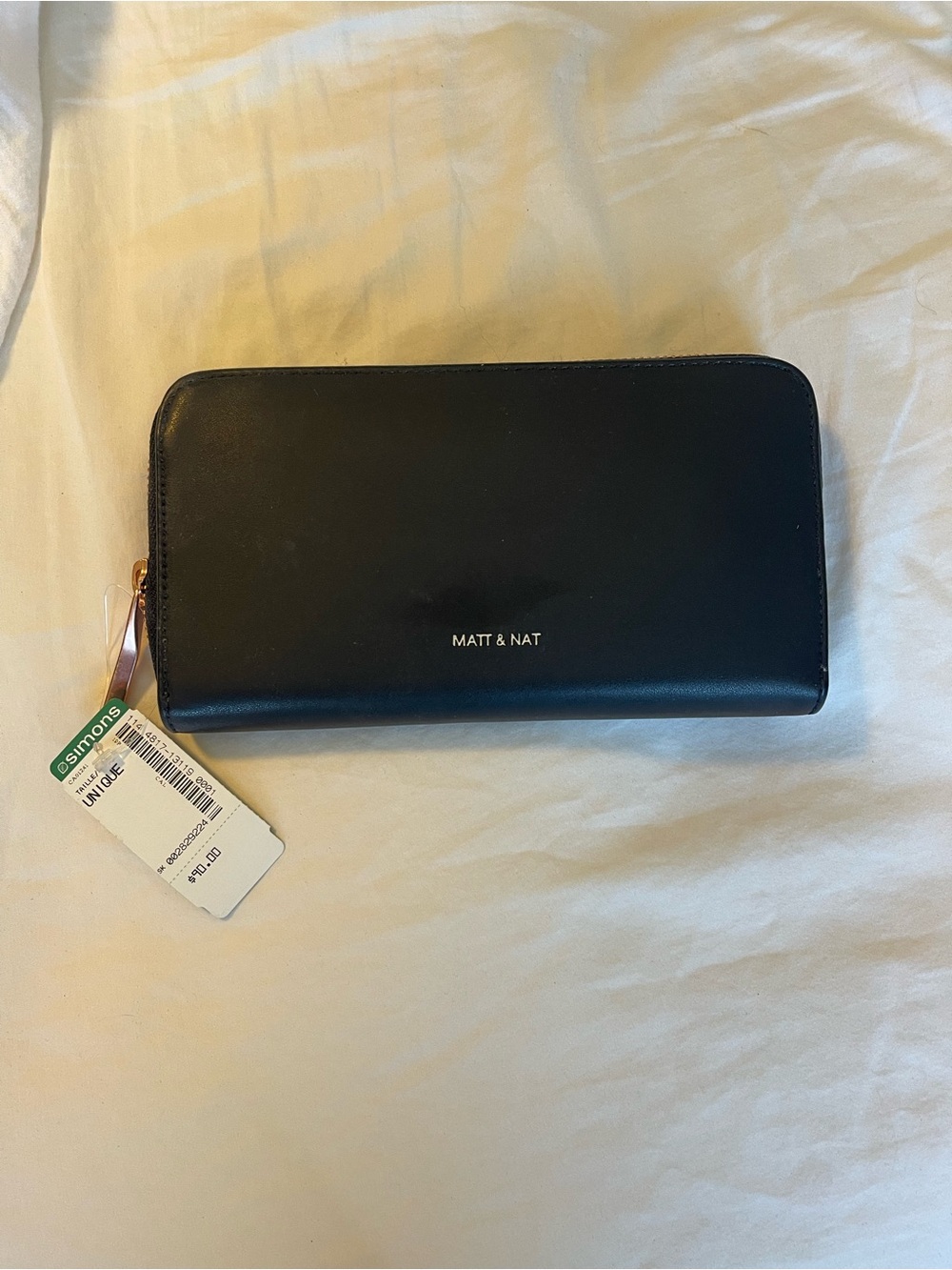 Matt & Nat Black Zip Wallet with Rose Gold Zip Pull
